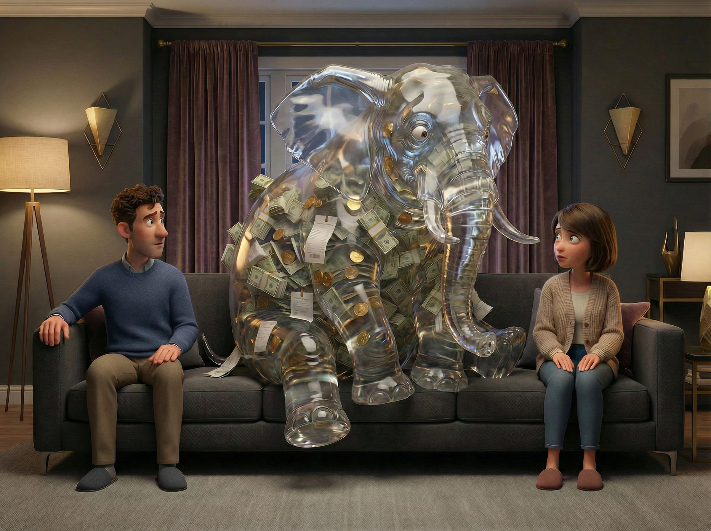 זוג יושב על ספה עם פיל שקוף מלא בכסף ביניהם — הפיל שבחדר